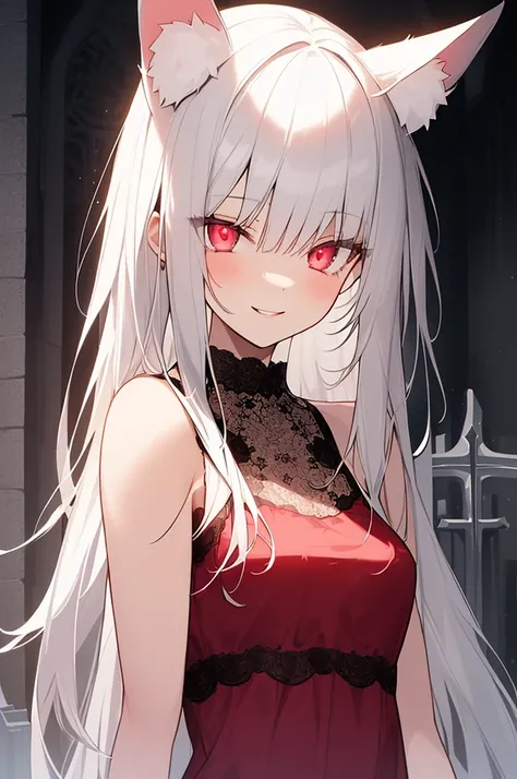 anime, (masterpiece, best quality, ultra-detailed), (graveyard background), (beautiful detailed face), high contrast, 1 girl (solo, happy face, mature girl, slim body, white hair with pink accent, long hair, high detail eyes, glowing red eyes, fox ears, wh...