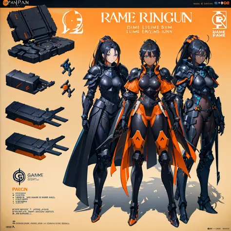 3 girl, ((Dark Skin)), (Blue eyes), Black hair with Ponytail and Orange Highlights, Black Overcoat, ((black and orange armor)), (((Game concept art)))