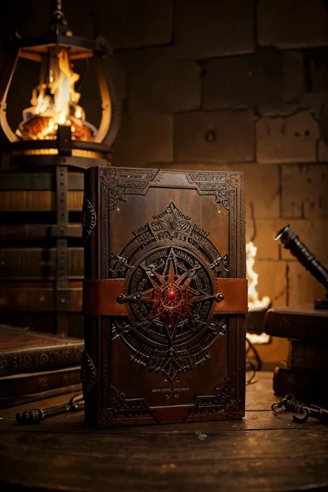 create a grimoire which is a book bound in aged leather, com uma capa escura e texturizada. No centro da capa, there is a burning anvil, surrounded by intricate gears and interlocking hammers. A bigorna emite um brilho dourado, while flames are represented...