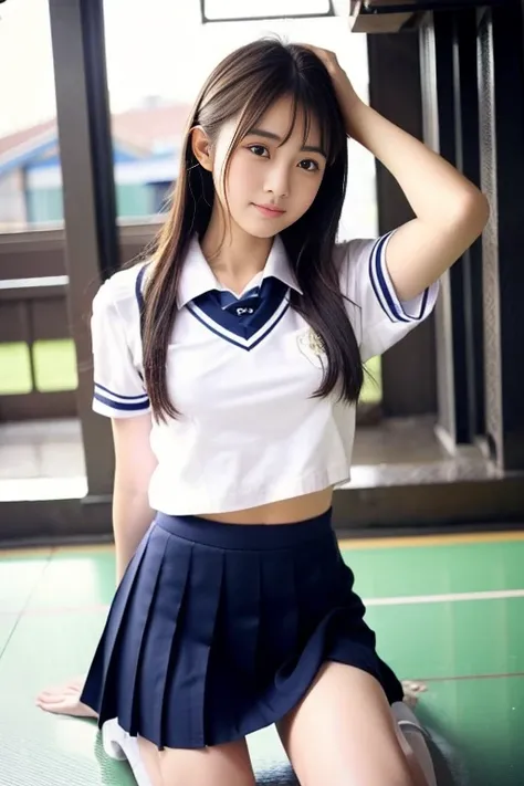 ((highest quality)), ((masterpiece)), 18 year old real Japanese beautiful girl idol high school student、school uniform、40cm miniskirt above the knee、beautiful thighs、beautiful small breasts、running away from the teacher、Short sleeves are torn、I fell down a...