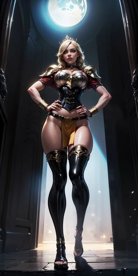 paladin lady in ornate golden armor, black collar, pauldrons, breastplate, corset, glowing halo, single braid, blonde, yellow glowing eyes, bright pupils, eye focus, red cape, temple indoors, stained glass windows, night, moonlight, particles, light beam, ...