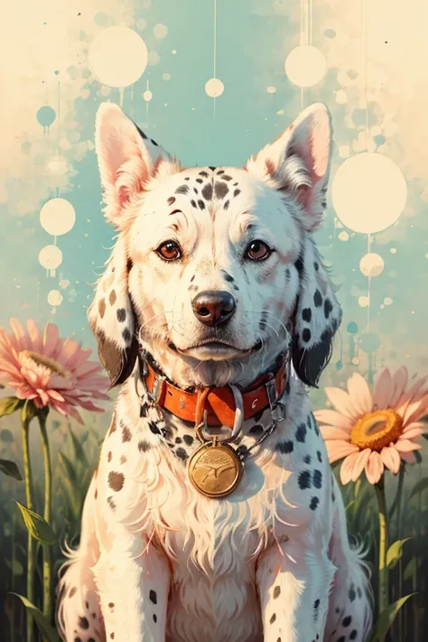 melhor qualidade, obra de arte, foto crua,ultra-detalhado:1.2), very hairy dalmatian dog with red bandana around his neck on a flowering grass in sy3 style, Sozinho,olhando para o espectador, (arte vetorial:1.2), minimalismo, SY3
