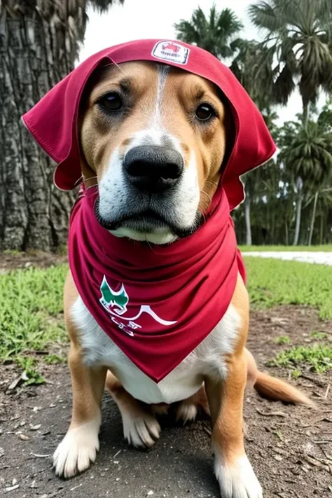 
 cachorro dálmata muito peludo com bandana vermelha em volta do pescoço em uma grama
 florida, boca aberta com a língua para fora, 