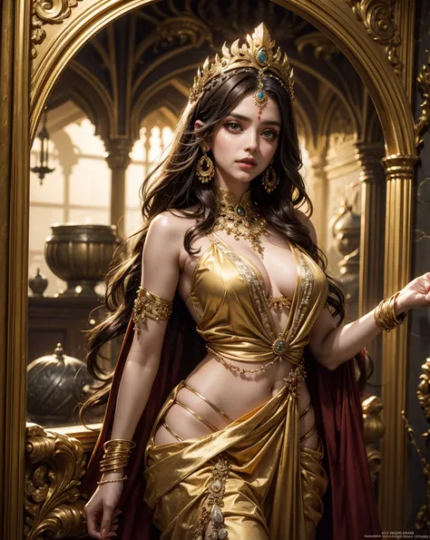 a woman dressed in a golden dress and headdress, wearing a steampunk sari, ornate metal gold headpiece, indian empress, of indian princess, wearing ornate silk clothes, intricate gold headdress, bollywood, maya ali sorcerer, indian girl with brown skin, we...