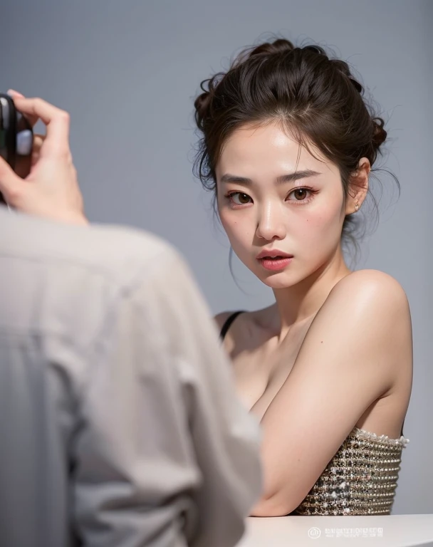 Arafed woman in a dress taking a photograph of a man., jennie rosa negro, Photoshoot for vogue magazine, Photoshoot, heonhwa choe, Hye Kyo song, actriz femenina de corea, glossy magazine Photoshoot, gongbi, hermosa mujer surcoreana, maquillaje coreano popu...