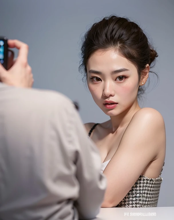 Arafed woman in a dress taking a photograph of a man., jennie rosa negro, Photoshoot for vogue magazine, Photoshoot, heonhwa choe, Hye Kyo song, actriz femenina de corea, glossy magazine Photoshoot, gongbi, hermosa mujer surcoreana, maquillaje coreano popu...