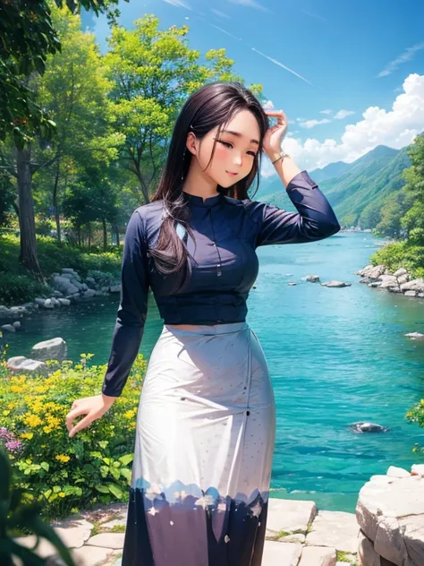 wearing acmm top, olive green acmm top, long sleeves, wearing acmm long skirt, olive green acmm long skirt, printed skirt, skin birght and smooth as wax,
masterpiece, best quality, high quality, extremely detailed CG unity 8k wallpaper, scenery, outdoors, ...