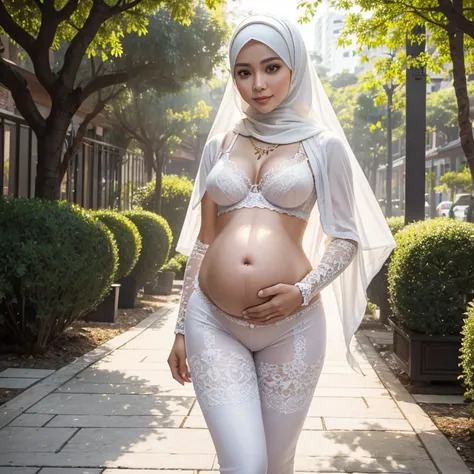 RAW, Best quality, high resolution, masterpiece: 1.3), beautiful Malay woman mommy in hijab,Masterpiece, perfect pregnancy body, (smallest breasts), big gorgeous eyes, Soft smile, wear a light white lace bra and a tight light brown legging, necklace, shair...