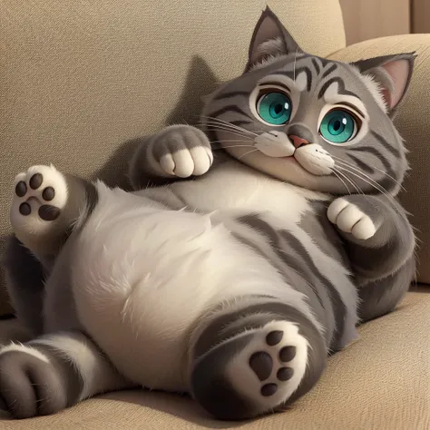 create a Disney Pixar style character Chubby gray brindle cat with green eyes lying with 4 paws up showing belly lying on the couch