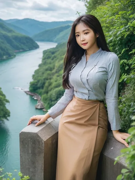 wearing acmm top, olive green acmm top, long sleeves, wearing acmm long skirt, olive green acmm long skirt, printed skirt, skin birght and smooth as wax,
masterpiece, best quality, high quality, extremely detailed CG unity 8k wallpaper, scenery, outdoors, ...