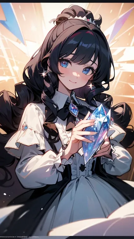 dramatic composition, coat style dress, royal, nice, カスケードfrills, frills, bow, crystal chandelier, roman curly hairstyle, ponette, double ponytail like a drill, look at the camera, bangs, maximalism, palace background, Delicate depiction of hair and eyes, ...