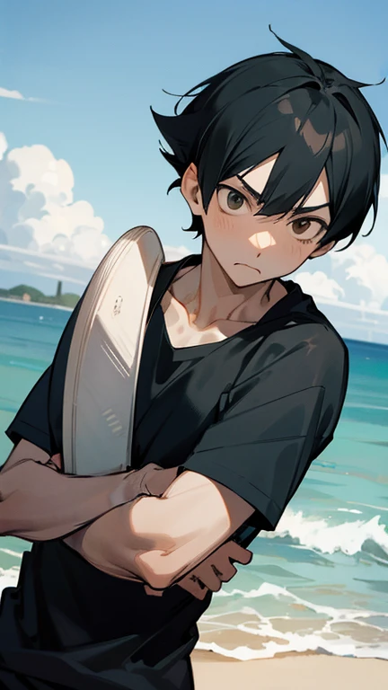 High resolution, Tobio Kageyama ,Haikyuu!!, black hair, alone, maleの子1人, male, beach, Ocean, outside, fine eyes, close, beach volleyball, full face