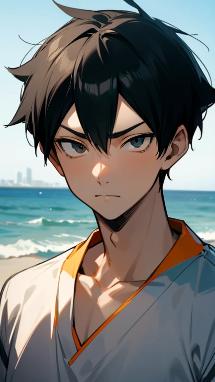 High resolution, Tobio Kageyama ,Haikyuu!!, black hair, alone, maleの子1人, male, beach, Ocean, outside, fine eyes, close, beach volleyball, full face