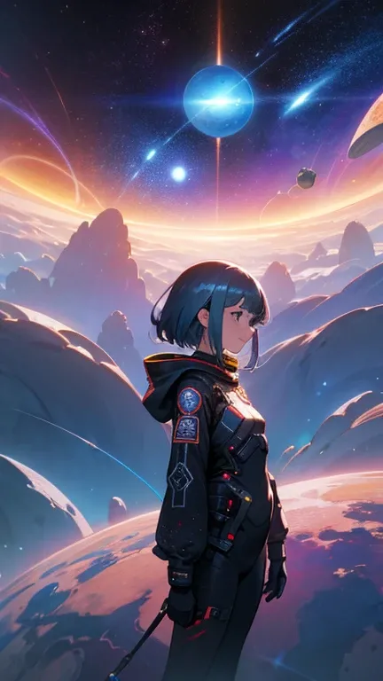 There is a woman standing in front of a picture of a planet, futuristic city in background, psytrance artwork, Interconnected human life forms, Panoramic view of the girl, progressive rock album cover, Endless dreams, stardust, Milky Way, Stoner Rock - AR ...