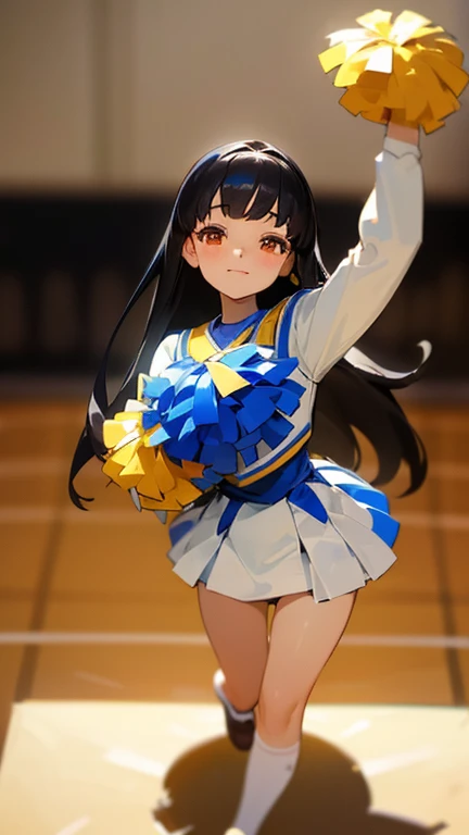 Cheerleader,small smile,cheer leading,Cheerleader uniform, (((masterpiece))), (((highest quality))), ((super detailed)), (figure), ((very delicate and beautiful)),(Bokeh,blurred background),(best shadow), 1 girl,white panties, black hair, long hair, cute,c...