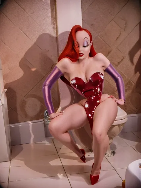 milf, Jessica Rabbit squatting over toilet pissing all over the seat.,  piss leaking from her pussy