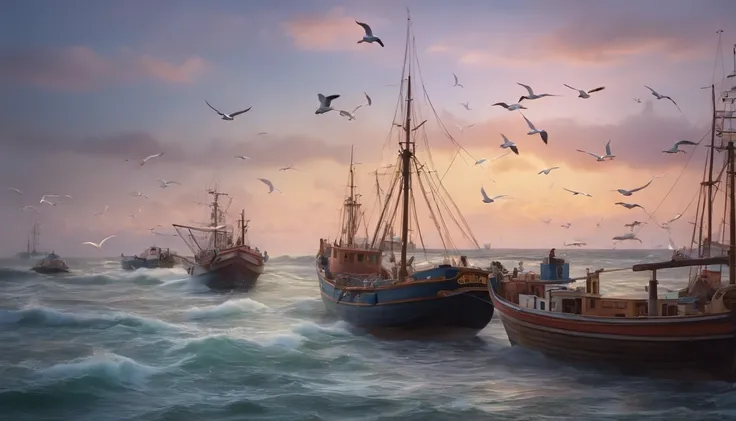 spectacular realistic, ((((pastel colour)))), rough sea、seagulls flocking、fishing boats、evening、