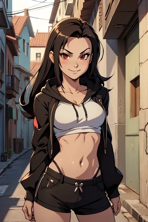 bratty 19 year old tifa, flat chest, , tomboy, cap, hoodie, cocky smirk, alley