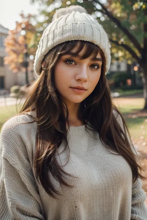 (exuberant, confident: 1.1) woman, expressive eyes, hair loose on face, side bangs, college outfit (cozy, elegant), hat, full camera, (best quality, high resolution: 1.2), ultra-detailed, (realistic: 1 ,37), vibrant colors, lighting (soft, warm), style (po...