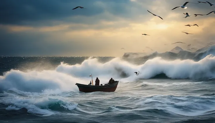 spectacular realistic, Rough sea in the middle of winter with falling snow、a seagull、A Japanese fishing boat、