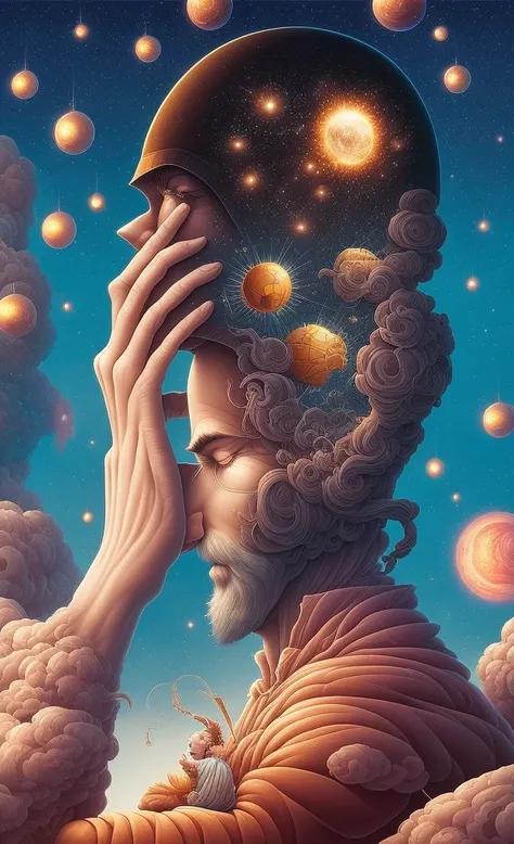 a close up of a person holding a star in their head, face melting into the universe, beeple and james jean, josan gonzales and dan mumford, cyril rolando and m.w kaluta, cyril rolando and m. w kaluta, ( ( ( ( ( dan mumford ) ) ) ) ), dan mumford and alex g...