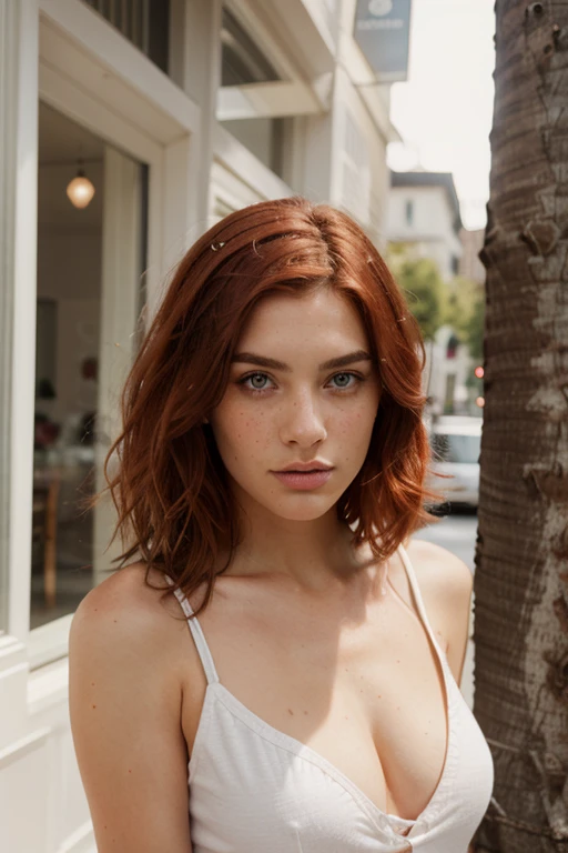 Create a female 25 year old model with red hair and freckles