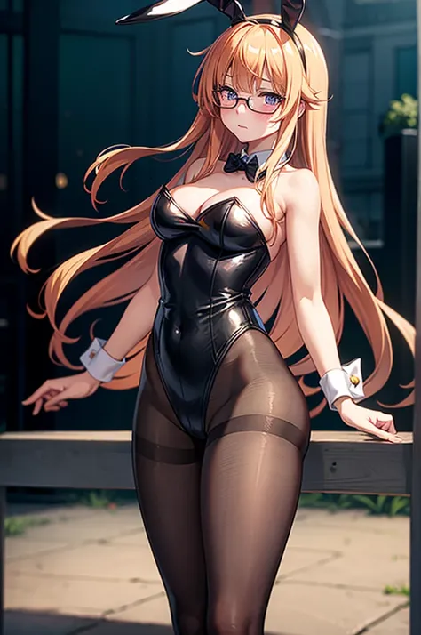 (best quality, masterpiece), depth of field, blurry background, cowboy_shot, thick thighs, standing, solo, 1girl, long orange hair, (ahoge:0.9), glasses, blunt bangs, purple eyes, (full-face blush), ((playboy bunny, pantyhose, bunny ears, highleg, highleg ...