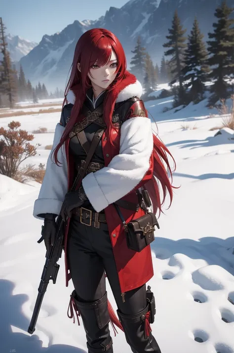 Masterpiece, top quality, 4K,
stands,
Oriental huntress, Blade and Soul,
striking a battle pose with rifle in hand,
long red hair flowing in the winds of the cold winter landscape,
wearing a leather and fur coat,
intricately detailed ink style artwork,
rea...