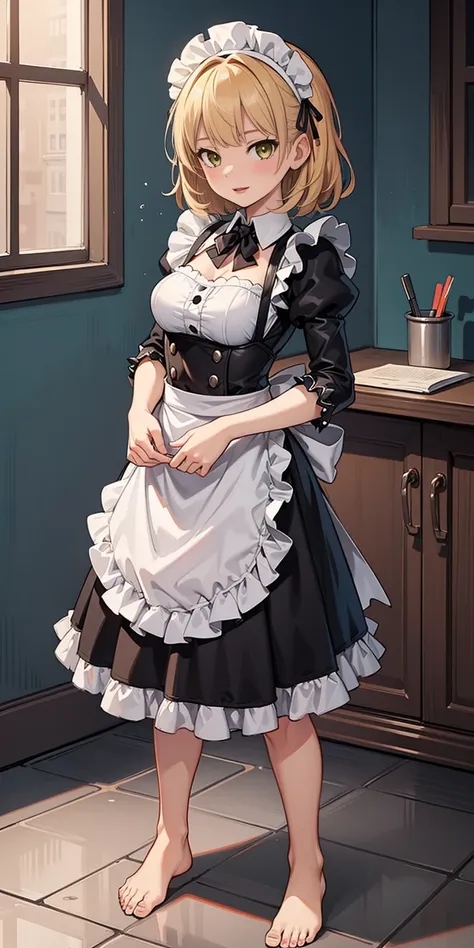 1girl, cute, ((short black hair girl and long blonde hair girl)), maid victorian, maid apron, straight face, dazed, body positio...