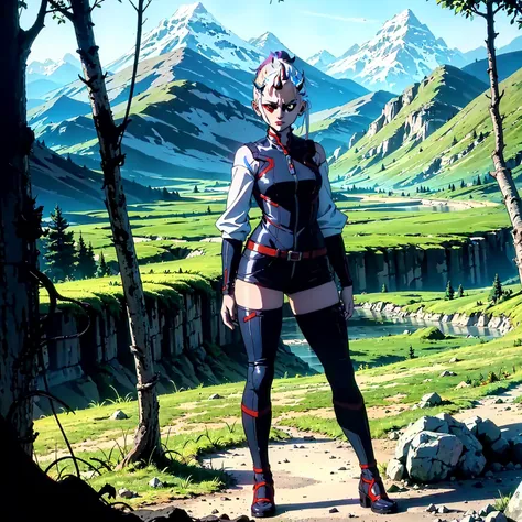 1 girl, (((oni girl))), (((red skin))), horns, white hair, ponytail, (((adventurer outfit))), explorer, researcher, fascinated expression, full body portrait, outside, forest, mountains, butterflies, flowery meadow