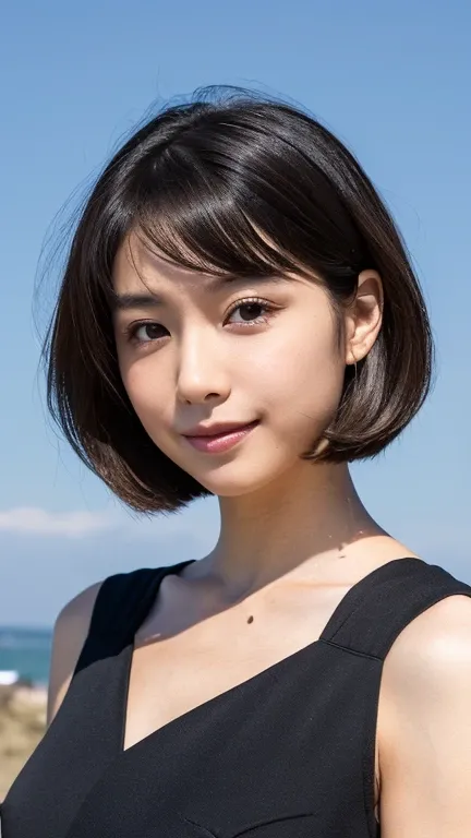 ((High-resolution imagery of a Japanese woman with large, round, expressive eyes; small, delicate nose; small mouth with thin upper lip.)) ((Hair styled in a straight short bob with black color.)) ((Not allowing any hair style other than a straight short b...