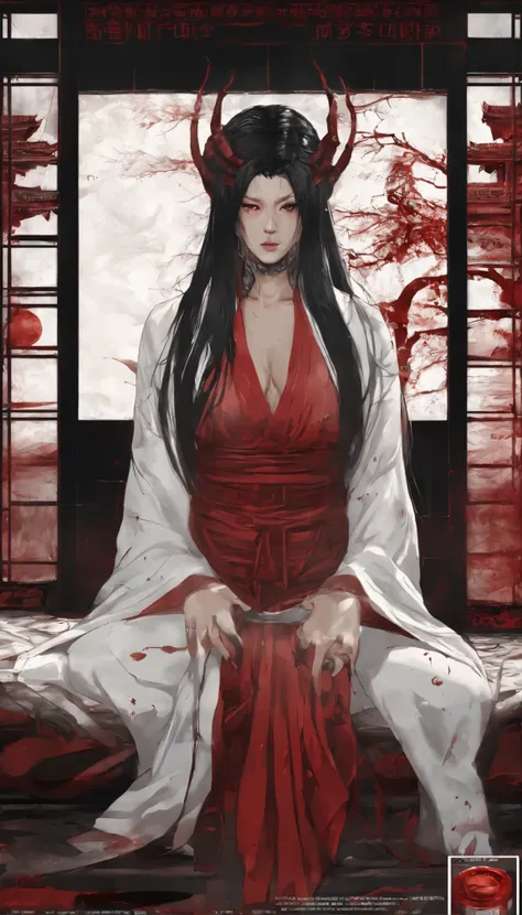 Blood Red Room, White TV screen flashing, Buddha statue, long black hair, messy hair, Cover one eye and face, bright red eyes, Wearing a white transparent robe, Looming breast augmentation,alcohol,devil， reach out，straighten the body, Red nails are exposed...