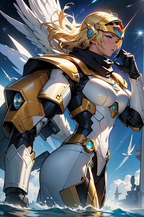 (Masterpiece, 16k, Best Quality, Illustration, Earth, Water, Fire, Wind, Space, One Girl, Blonde Hair, Beautiful Mecha, Shiny Armor, Eagle Helmet, Stunning Face, Scarf, Delicately Cut Paper),
A girl with blonde hair stands amidst the elements, holding a pa...