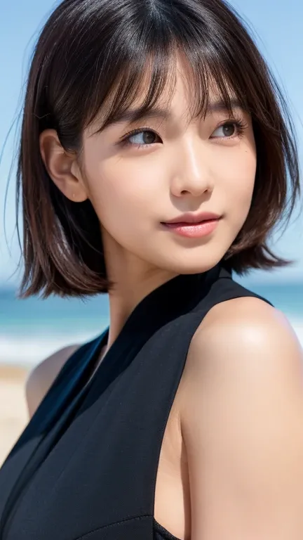 ((High-resolution imagery of a Japanese woman with large, round, expressive eyes; small, delicate nose; small mouth with thin upper lip.)) ((Hair styled in a straight short bob with black color.)) ((Not allowing any hair style other than a straight short b...