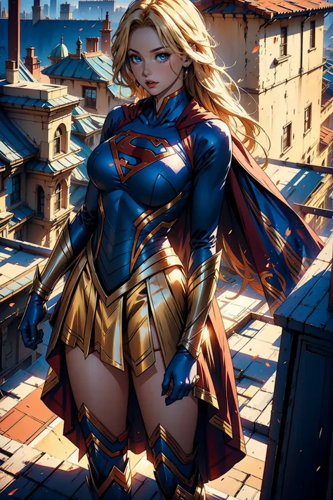 woman body set large breasts, supergirl costume dress,fantasy00d,more detail, long blond hair, standing on the rooftop