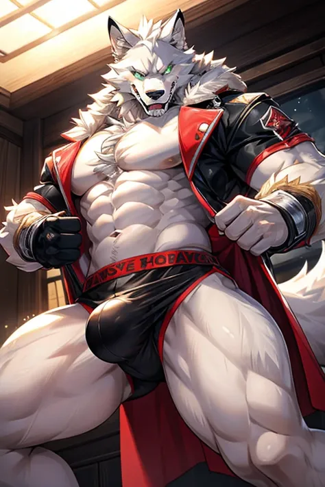 big white fluffy slim werewolf with white furr grey fur around the eyes a large cock wearing Red Boxer Underwear. with black Green eyes having sex doggystyle with a white wolf with green eyes wearing a vasrsity jacket 