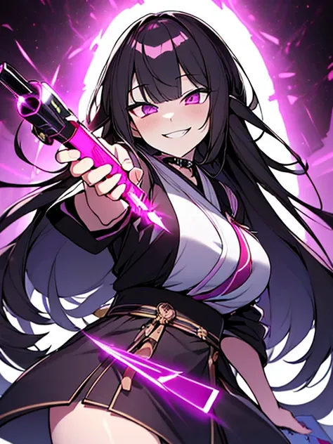 ((8k sharp, looking at viewer, wicked smiles, Yandere expression, holding a taser)), A girl, black long haired, Purple eyes, wearing  Japanese, ((holding a taser left hand)), ((background dark night basement))