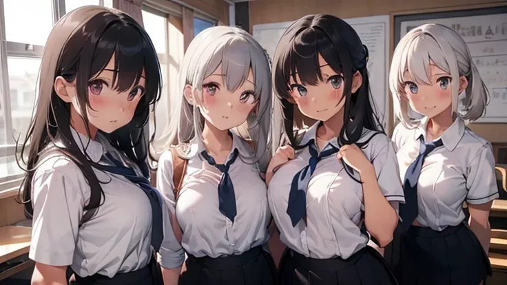 mastute piece,Best Quality,insanely detailed,
3girl,3girls line up,bra lift,3girls look at front,(teacher-like uniform,breast out),open clothes,blush,shy,ecstacy face,3girls silver hair,perfect breasts,perfect nipple,open mouth,school room,