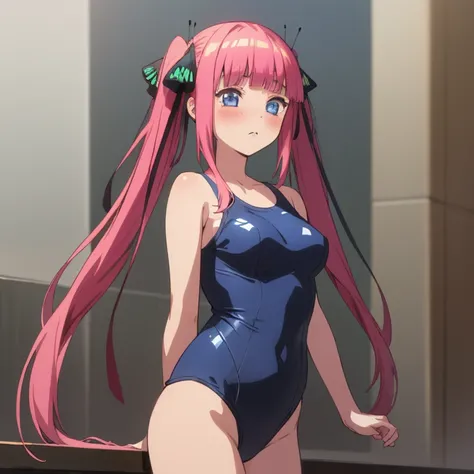 best quality, very aesthetic, Super detailed, best illustration, 1girl, one-piece swimsuit, bangs, pink_hair, blunt_bangs, hair_ornament, butterfly_hair_ornament, ribbon, black_ribbon, blue_eyes, blush, hair_ribbon, twintails, long_hair, nino