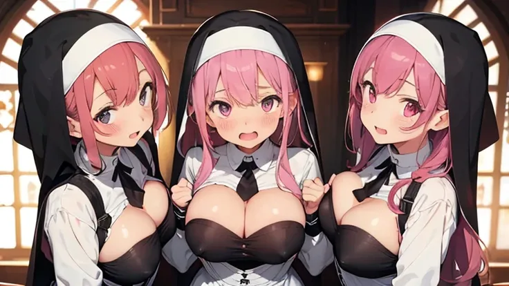 mastute piece,Best Quality,insanely detailed,
3girl,3girls line up,press breast together,3girls look at front,(nun clothes,breast out),open clothes,blush,shy,ecstacy face,3girls pink hair,perfect breasts,perfect nipple,open mouth,church,