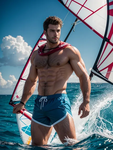 8k，8K resolution，1 muscular European, handsome man，charming eyes，rough real skin,beautiful, smooth and shiny，Full muscles，Thick body hair， (Wearing fashionable swimming trunks)，big bag，emphasize，(Single windsurfing on the sea)，Standing on the windsurfing b...