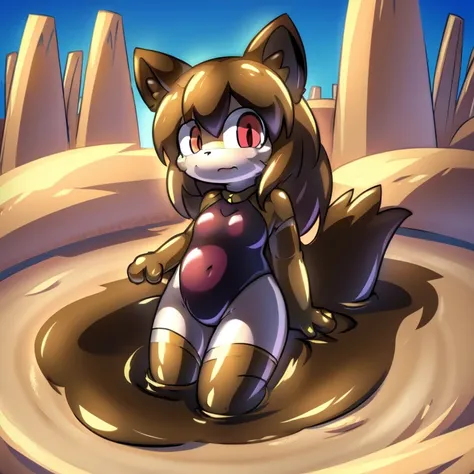 alone, red pupils, Detailed hair, young，one-piece swimsuit,Firmware version, furry anime, Bragon, very cute face, Blushed, young, Detailed background, Detailed fanart, pixiv, number, masterpiece, high quality, high resolution，stuck in mud，Covered with mud，...