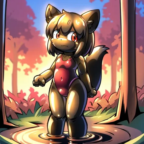 alone, red pupils, Detailed hair, young，one-piece swimsuit,Firmware version, furry anime, Bragon, very cute face, Blushed, young, Detailed background, Detailed fanart, pixiv, number, masterpiece, high quality, high resolution，stuck in mud，Covered with mud，...