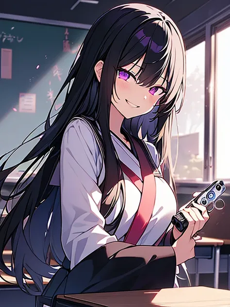 





((8k sharp, looking at viewer, wicked smiles, Yandere expression,)), A girl, black long haired, Purple Eyes, wearing White Japanese, ((holding a stun gun left hand)), Background,(classroom:1.5), Night, Moon shines,backlighting,masterpiece,best qualit...