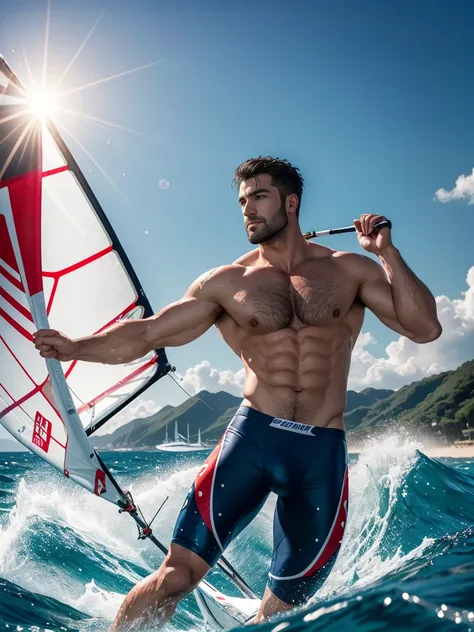 8k，8K resolution，1 muscular European, handsome man，charming eyes，rough real skin,beautiful, smooth and shiny，Full muscles，Thick body hair， (穿着时尚Swimming pants)，Swimming pants，big bag，emphasize，(Single windsurfing on the sea)，Standing on the windsurfing boa...