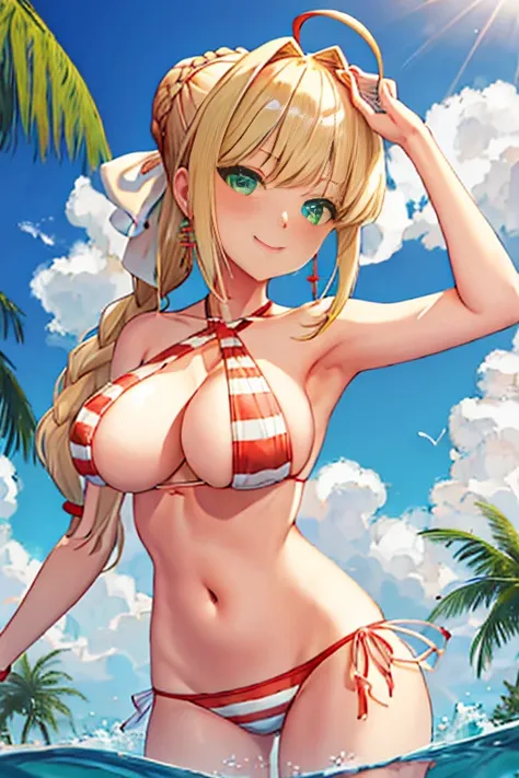 best quality, masterpiece, highres, solo, {nero_claudius_fgo:1.15}, blonde_hair, ahoge, green_eyes, hair_intakes, breasts, bangs, smile, large_breasts, blush, cleavage, braid, hair_between_eyes, long_hair, 1girl, bare_shoulders, bikini, blue_sky, closed_mo...