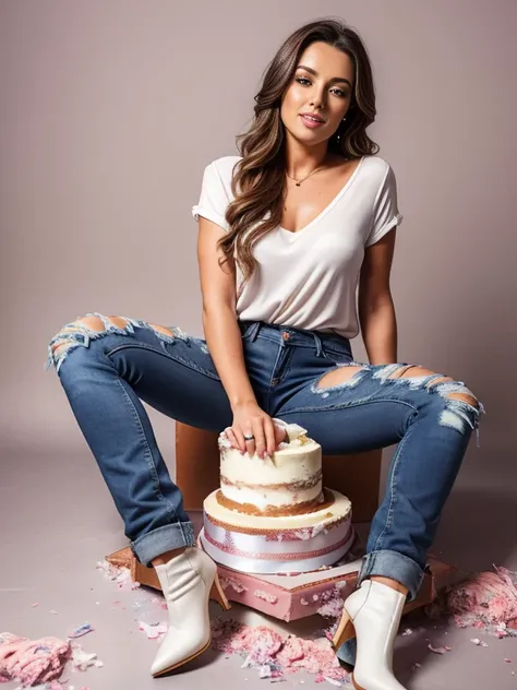 woman wearing jeans, blouse, and stiletto heel ankle boots, (((sitting on a smashed cake))), ((jeans covered with cake and frosting)),  ((jeans messy with cake and frosting))