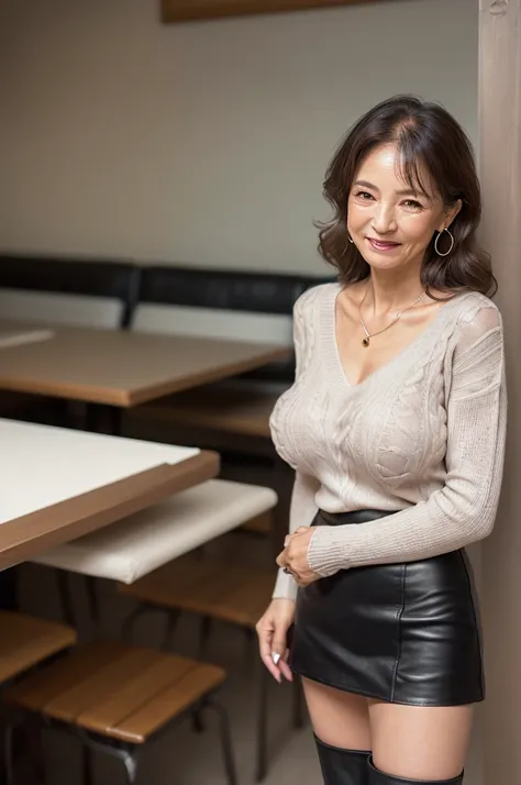 ​(masterpiece, highest quality), japanese mature, (alone), 60 years old, (wrinkles around the eyes:1.55), big breasts, mature woman, Glamour, Sexy, pure white skin, looking at the viewer、(super big breasts:1.28)、(Wavy Longhair)、small diamond necklace、earri...