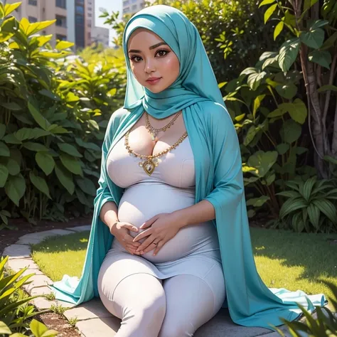 RAW, Best quality, high resolution, masterpiece: 1.3), beautiful Malay woman mommy in hijab,Masterpiece, perfect pregnancy plump body, (smallest breasts), spread both legs, gorgeous eyes, Soft smile, nake, necklace, shairband, afternoon walk, City garden, ...