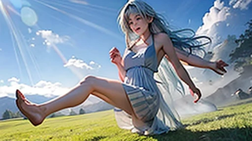 a girl jumping in mid-air,bright sunny day,green grass,beautiful clear blue sky,windblown hair,colorful summer dress,happy expression,joyful movement,playful,energetic,golden sunlight,soft shadows